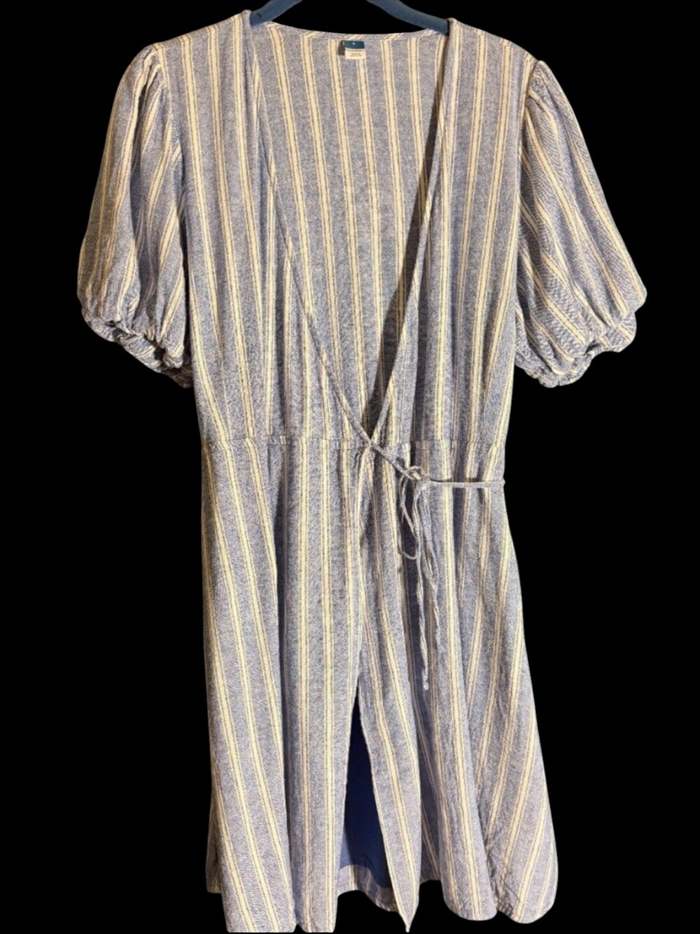 Old Navy Linen Blend Blue & White Striped Puff Sleeve Midi Dress Sz L